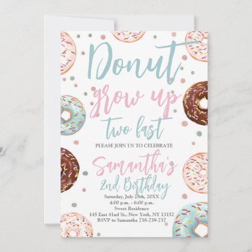 Donuts Grow Up Two Fast Watercolor Girl Birthday Invitation