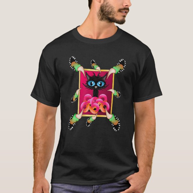 Donuts Long Finger Claws Cute Black Cat Kitten   T-Shirt (Front)