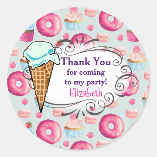 Donuts Macarons And Cupcake Party Thank You Classic Round Sticker
