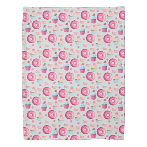 Donuts Macarons And Cupcake Pattern In Watercolor Duvet Cover