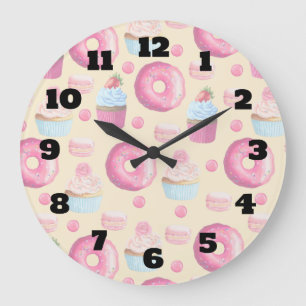 Donuts Macarons And Cupcake Pattern In Watercolor Large Clock