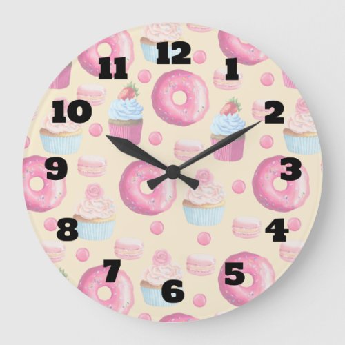 Donuts Macarons And Cupcake Pattern In Watercolor Large Clock