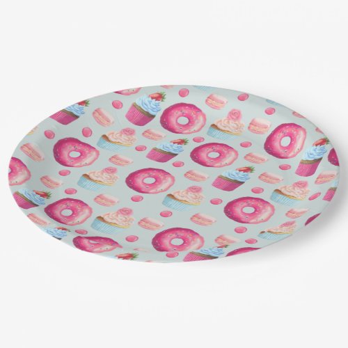Donuts Macarons And Cupcake Pattern In Watercolor Paper Plates