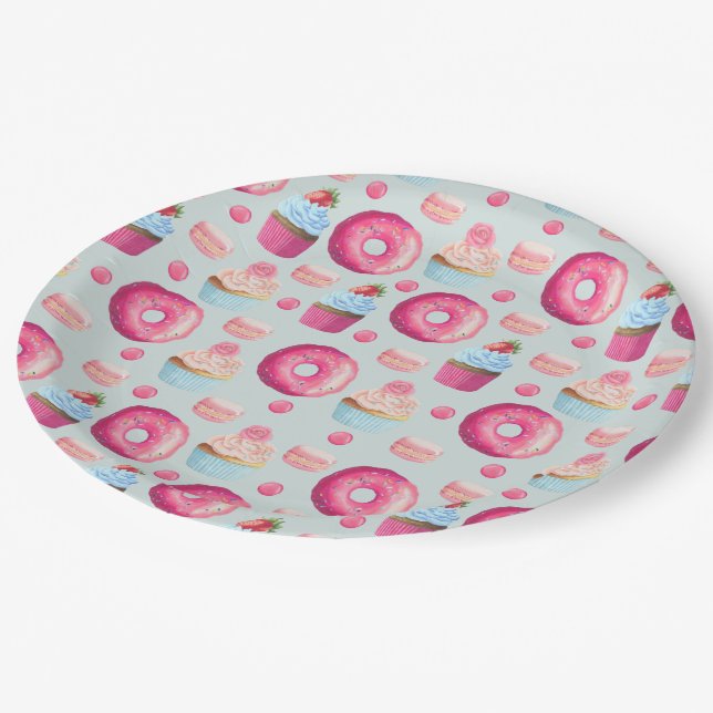 Donuts Macarons And Cupcake Pattern In Watercolor Paper Plates (Angled)