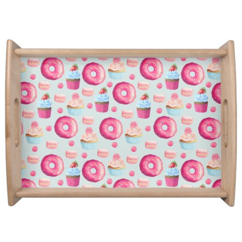 Donuts Macarons And Cupcake Pattern In Watercolor Serving Tray