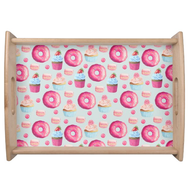 Donuts Macarons And Cupcake Pattern In Watercolor Serving Tray (Front)