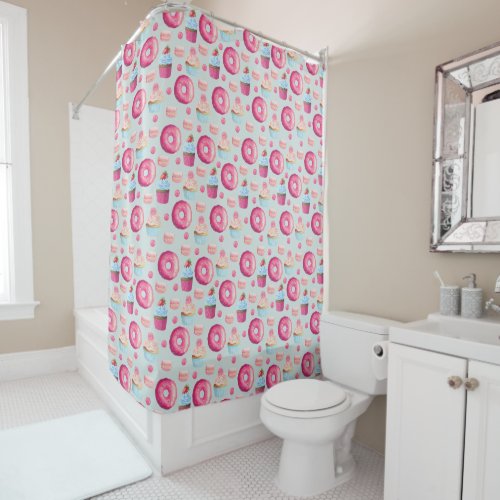 Donuts Macarons And Cupcake Pattern In Watercolor Shower Curtain