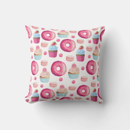 Donuts Macarons And Cupcake Pattern In Watercolor Throw Pillow
