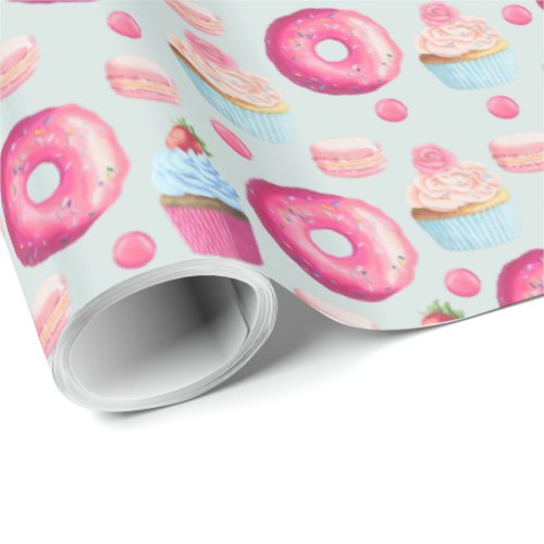 Donuts Macarons And Cupcake Pattern In Watercolor Wrapping Paper