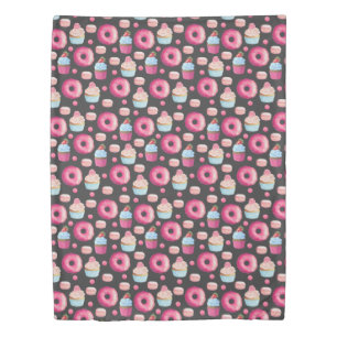 Donuts Macarons And Cupcake Pattern On Black Duvet Cover