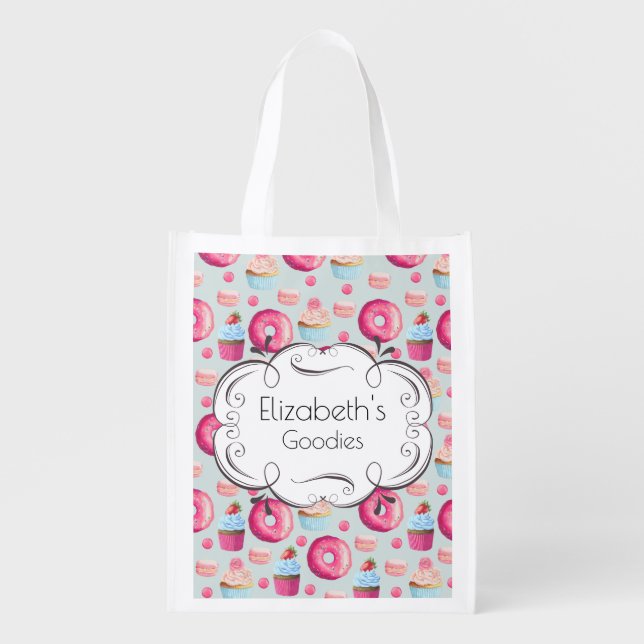 Donuts Macarons And Cupcake Pattern Personalized Reusable Grocery Bag (Front)