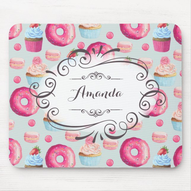 Donuts Macarons And Cupcake Whimsical Personalized Mouse Pad (Front)
