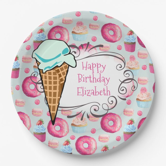 Donuts Macarons Cupcake Ice Cream Custom Birthday Paper Plates (Front)