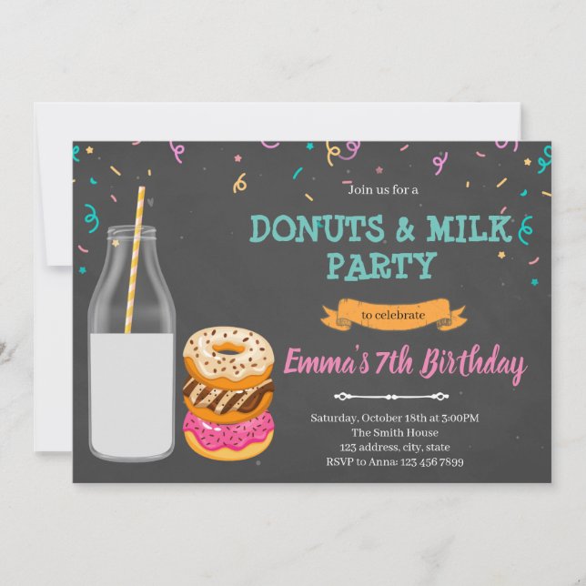Donuts milk party theme invitation (Front)