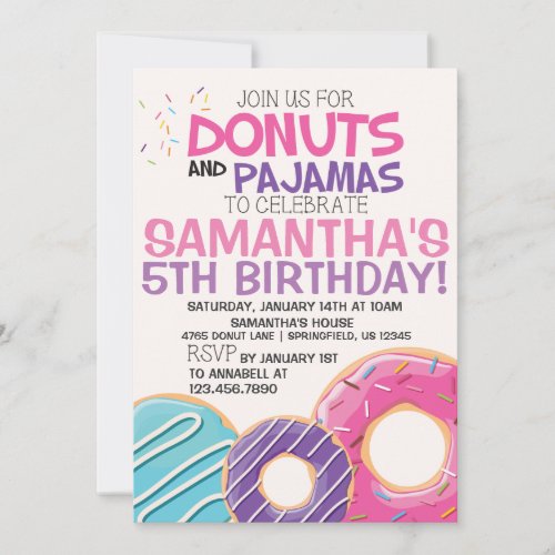 Donuts  Pajamas Birthday Invitation  5x7