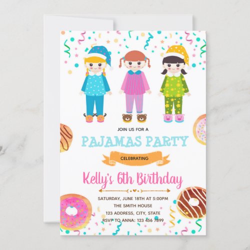 Donuts pajamas birthday party invitation