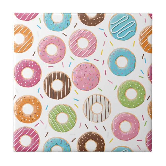 Donuts pink blue and bites chocolate pattern ceramic tile (Front)