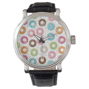 Donuts pink blue and bites chocolate pattern watch
