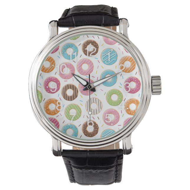 Donuts pink blue and bites chocolate pattern watch (Front)