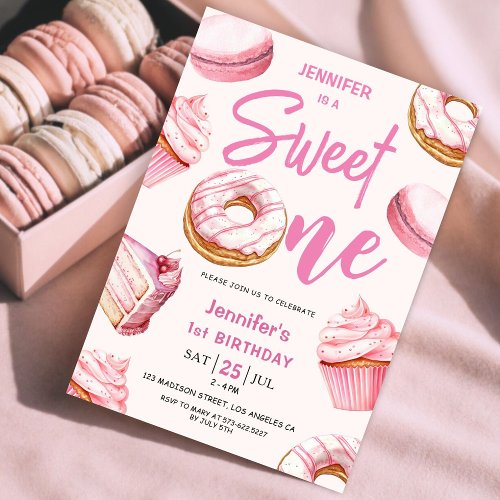 Donuts Pink Girl Sweet One 1st Birthday Party Invitation