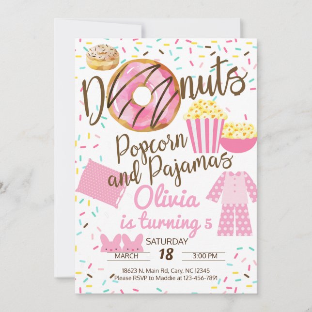 Donuts, popcorn and pajamas, sleepover invitation. invitation (Front)