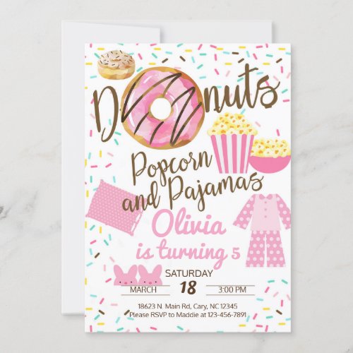 Donuts popcorn and pajamas sleepover invitation invitation