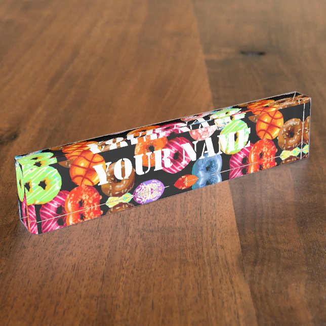 Donuts seamless pattern + your backgr. & ideas desk name plate (Side)
