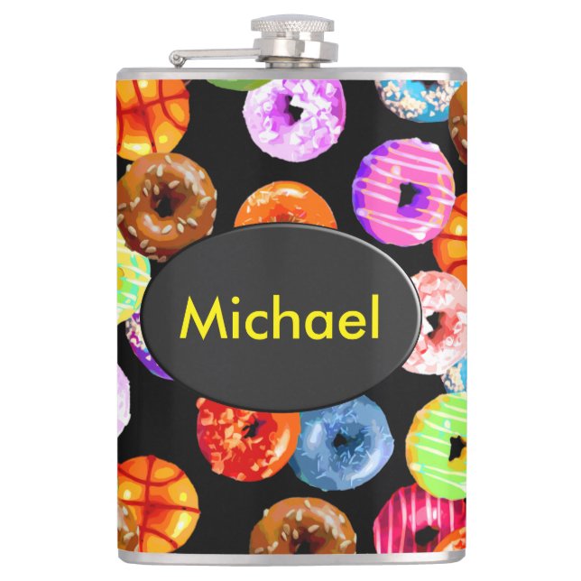 Donuts seamless pattern + your backgr. & ideas hip flask (Front)