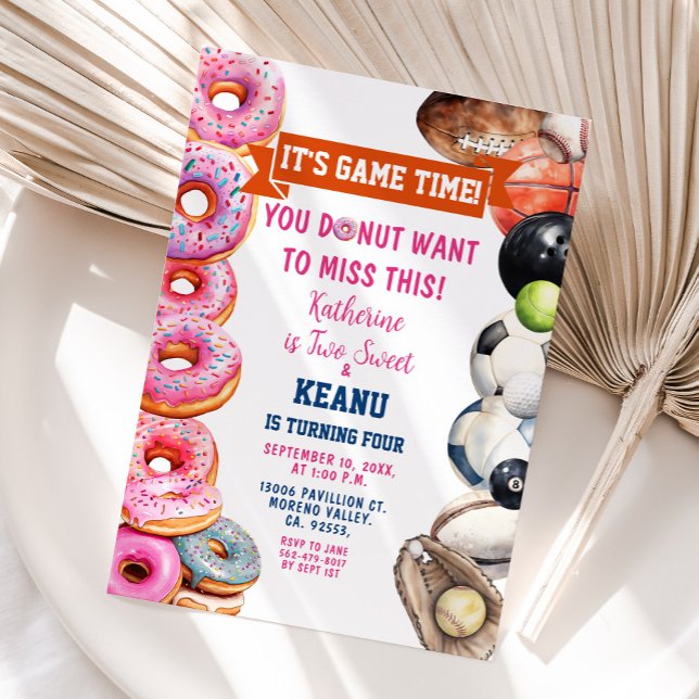 Donuts Sports Balls Siblings Joint Birthday Party Invitation (Creator Uploaded)