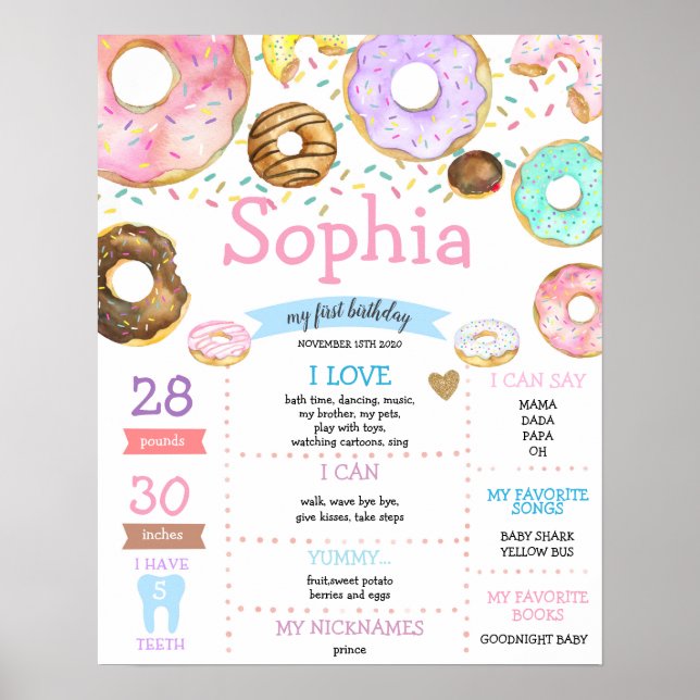 Donuts Sweet Girl First Birthday Milestone Poster (Front)