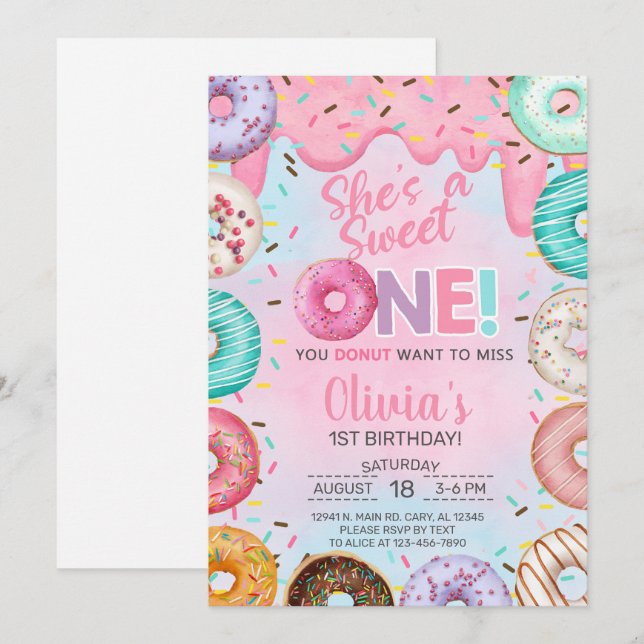 Donuts Sweet One girl 1st birthday invitation. Invitation (Front/Back)