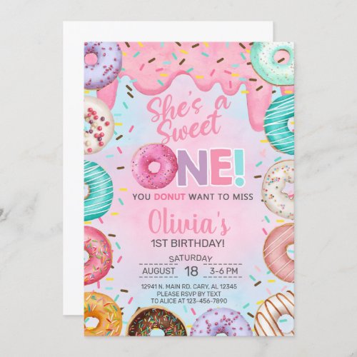 Donuts Sweet One girl 1st birthday invitation Invitation