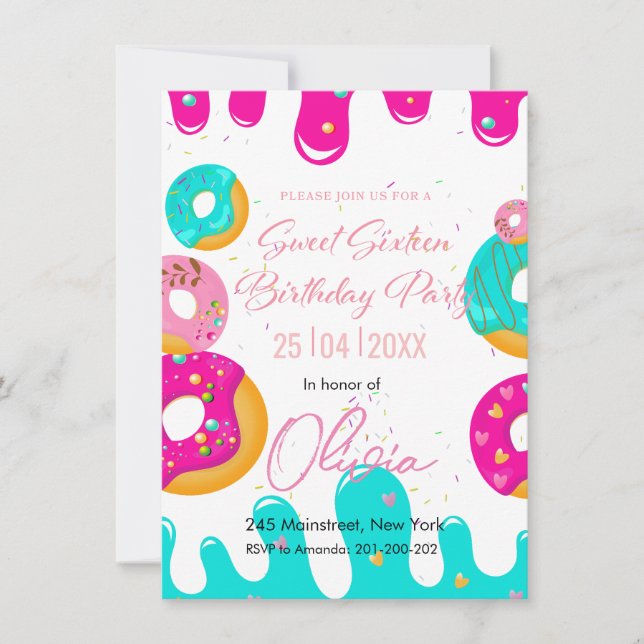 Donuts sweet sixteen birthday invitation (Front)