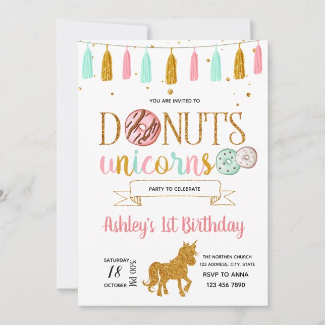 Donuts unicorn party invitation (Front)