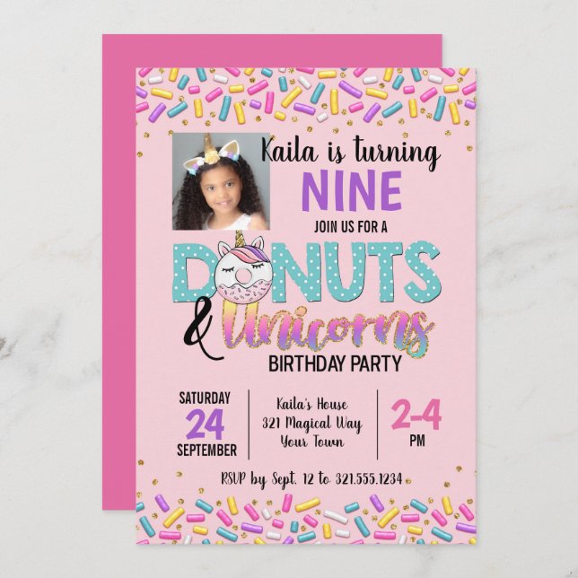 Donuts & Unicorns Themed Birthday Party Invitation (Front/Back)