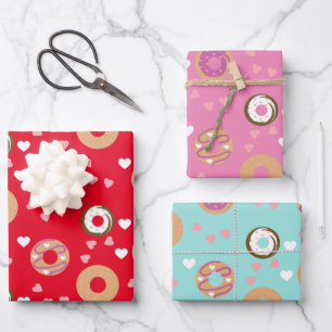 Donuts Valentine's Day Hearts Red Pink Teal Wrapping Paper Sheets