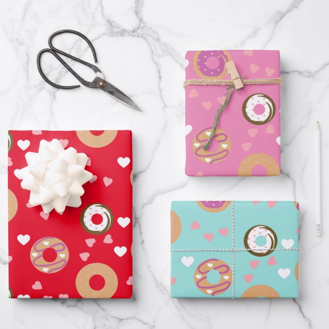 Donuts Valentine's Day  Hearts Red Pink Teal Wrapping Paper Sheets (Front)