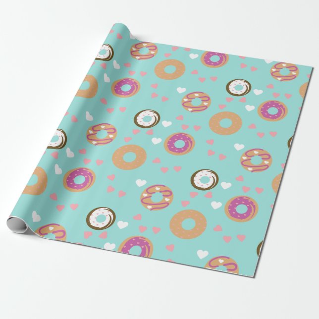 Donuts Valentine's Day  Hearts Red  Sea Teal Wrapping Paper (Unrolled)