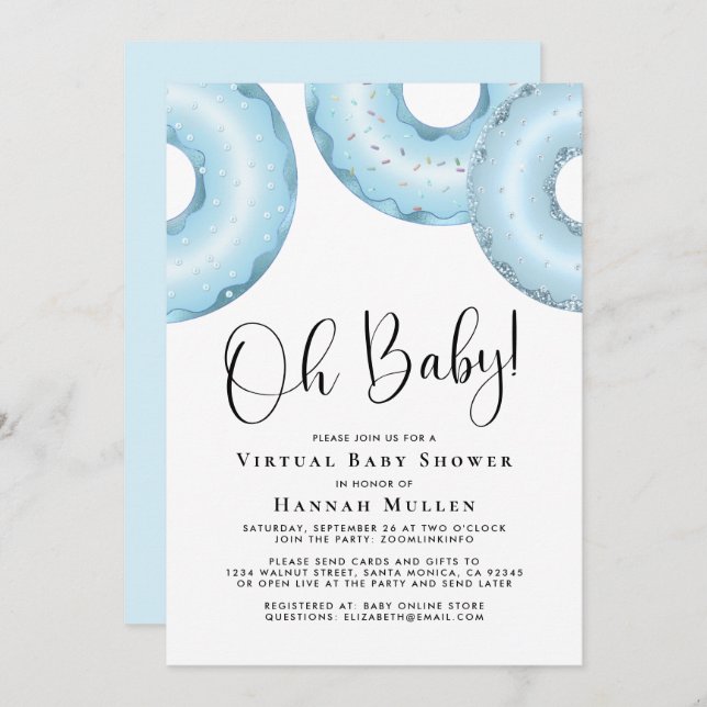Donuts Virtual Baby Shower Blue Invitation (Front/Back)
