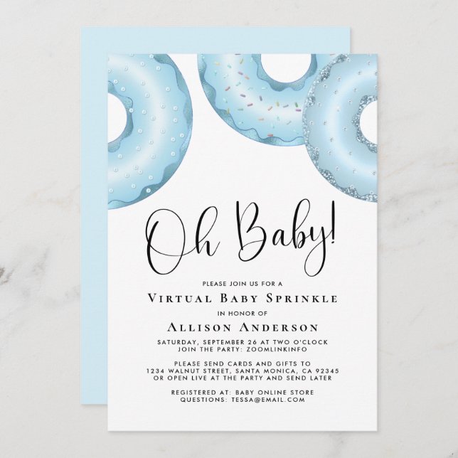 Donuts Virtual Baby Sprinkle Blue Invitation (Front/Back)