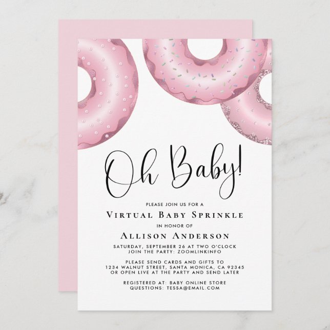 Donuts Virtual Baby Sprinkle Pink Invitation (Front/Back)