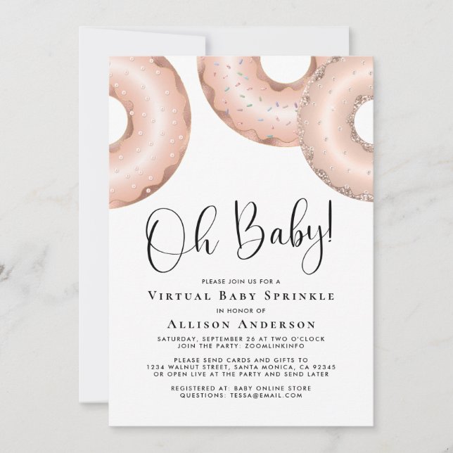 Donuts Virtual Baby Sprinkle Rose Gold Invitation (Front)