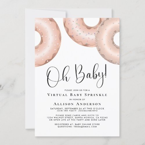 Donuts Virtual Baby Sprinkle Rose Gold Invitation