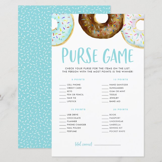 Donuts What's In Your Purse Baby Shower Game (Front/Back)