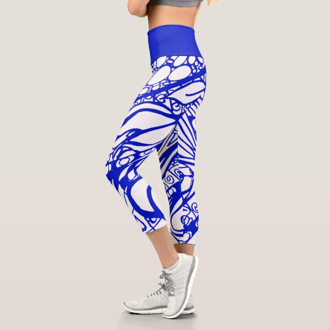 Doodle 1E Blue White 1 Capri Leggings (Left)