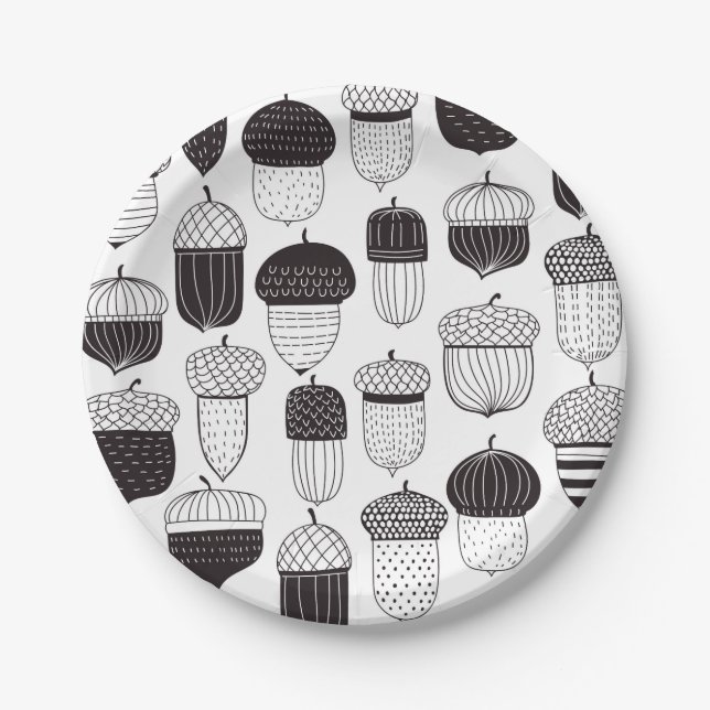 Doodle acorns autumn pattern paper plates (Front)