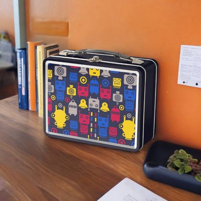Doodle Alien Spaceship and Robot Pattern Metal Lunch Box (Lunchbox )