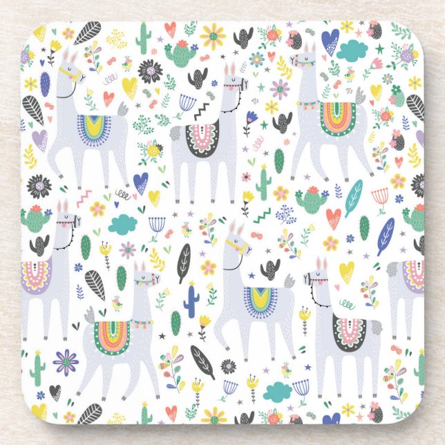 Doodle Alpaca Pattern Beverage Coaster (Front)
