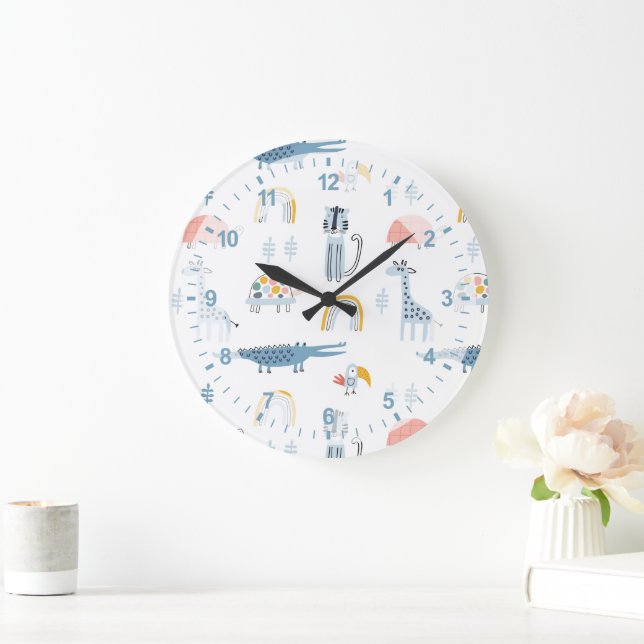 Doodle Animal Fun Pattern Large Clock (Home)