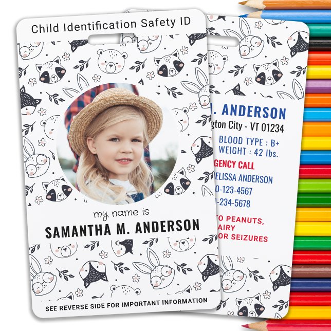 Doodle Animals Cute Custom Modern Photo Child ID Badge (Creator Uploaded)
